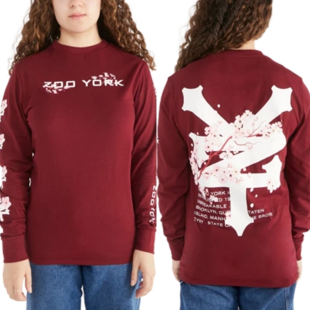 🌸 Zoo York Unisex Cherry Blossom Logo Long Sleeve Top - Burgundy